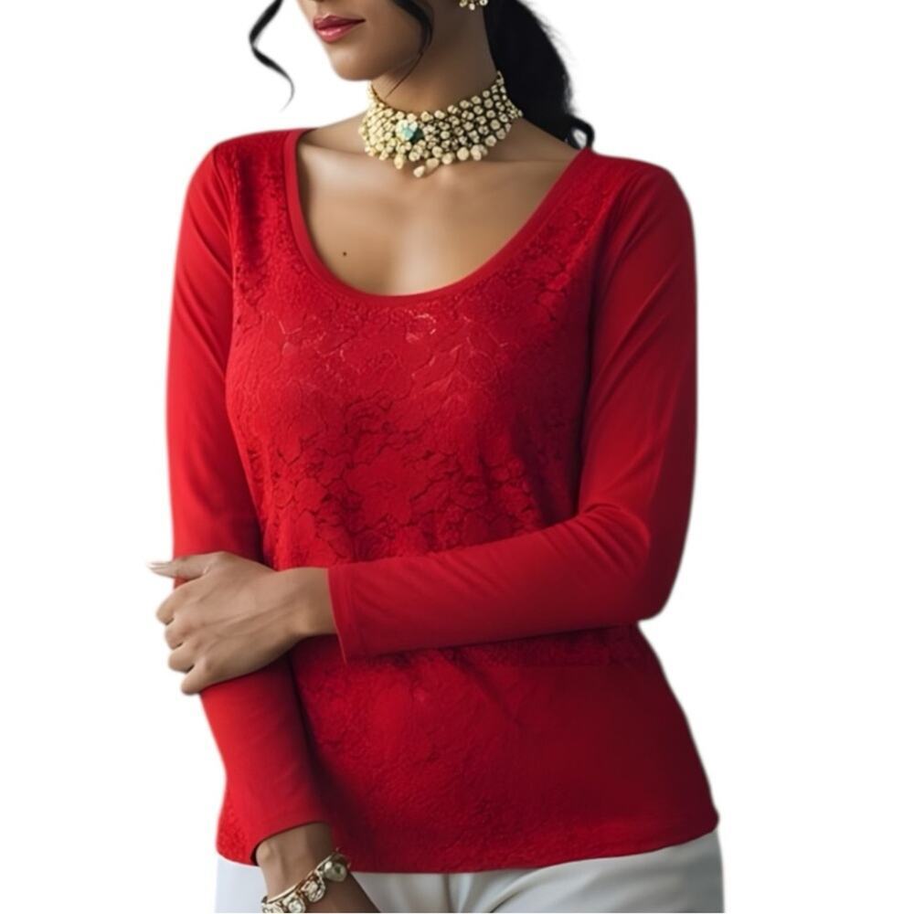 LOFT NWT Red Lace Tee Shirt Long Sleeve Top comfortable 100% Cotton size medium